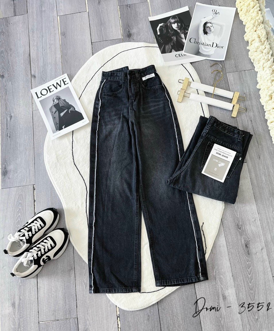 Quần baggy jean nữ lưng cao phối sọc-jt