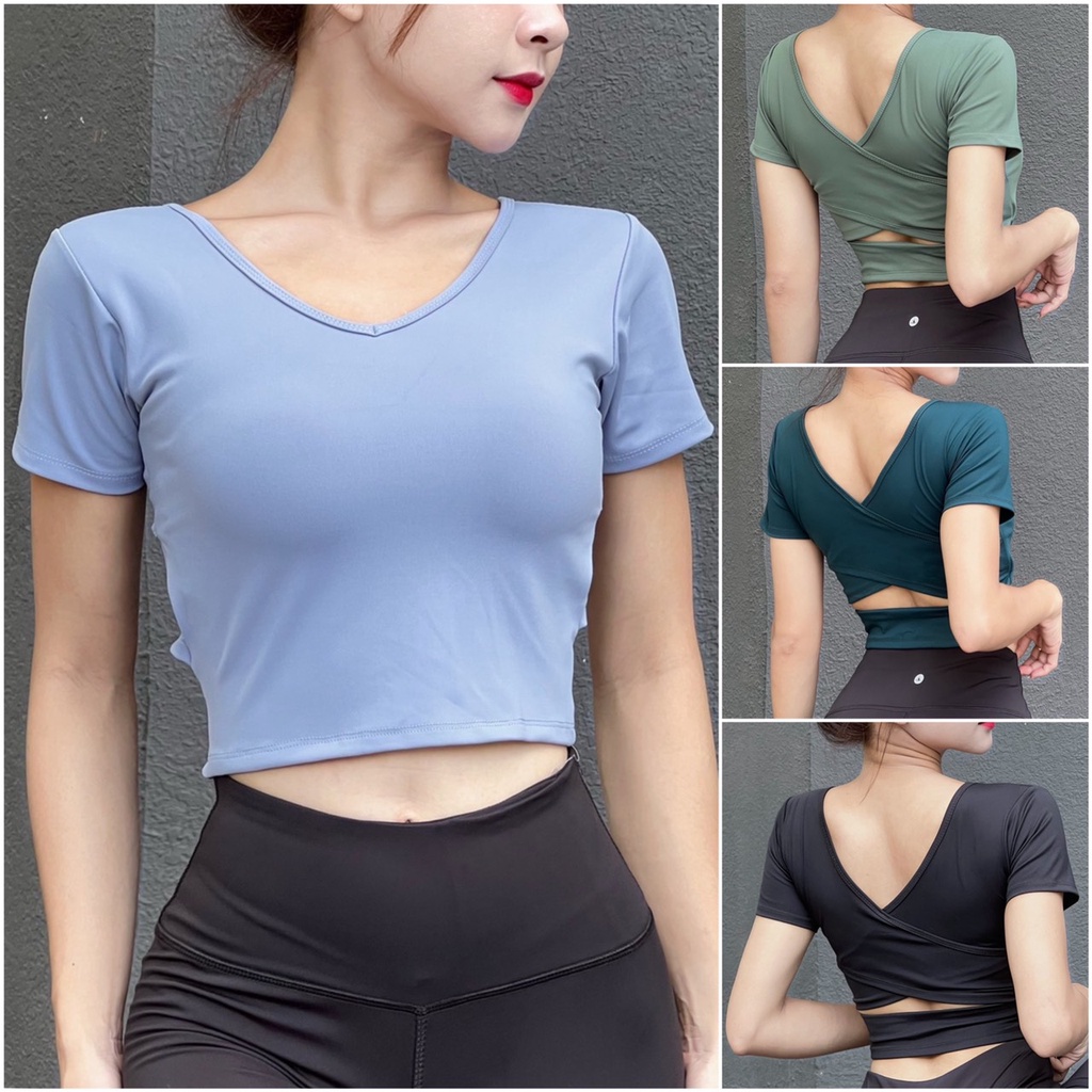 Áo croptop tập gym yoga nữ đắp chéo lưng kèm mút sẵn chất thun lạnh co giãn tốt