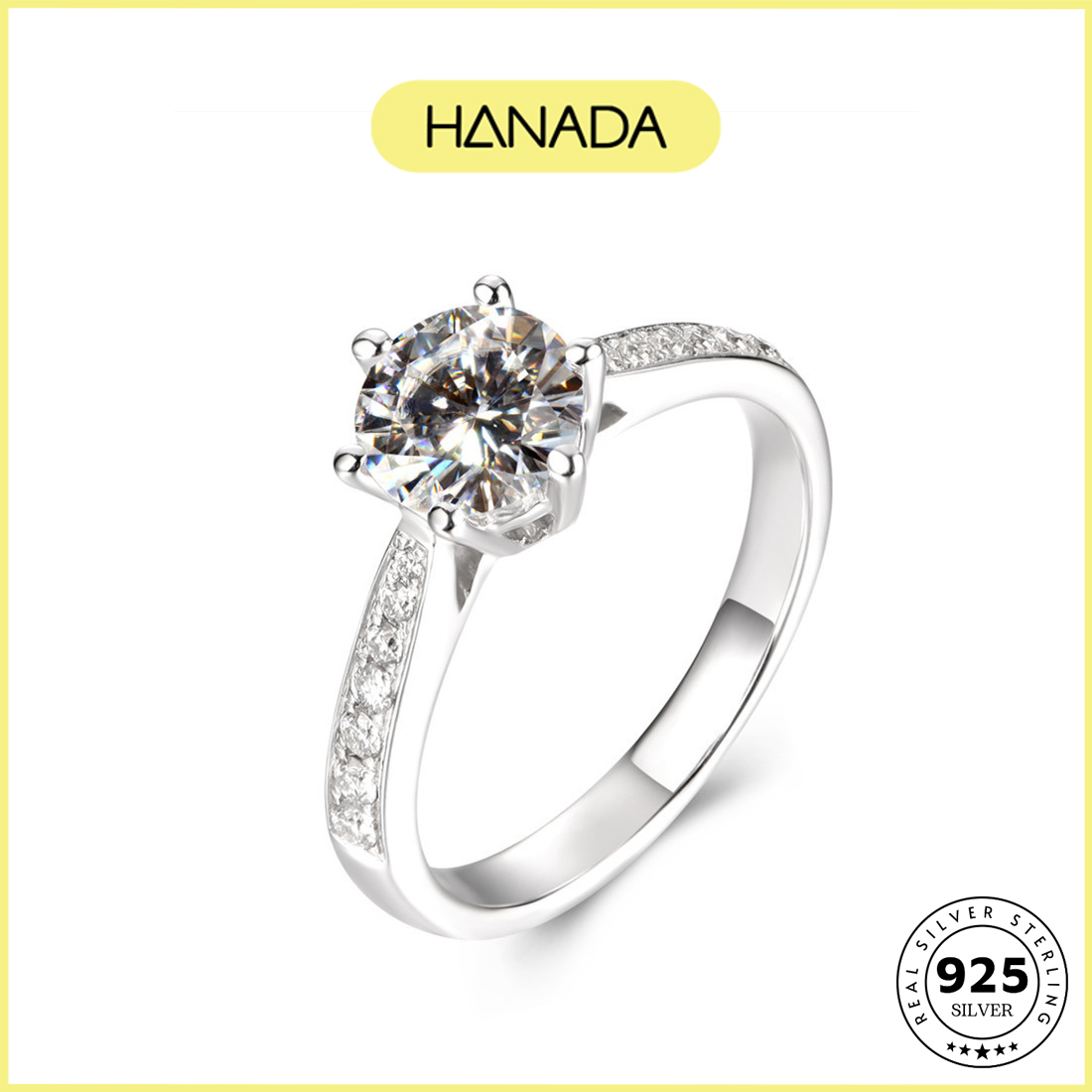 Nhẫn bạc 925 hanada 6 chấu đá cao 5mm chuẩn 6a lấp lánh sang trọng đi tiệc 1174