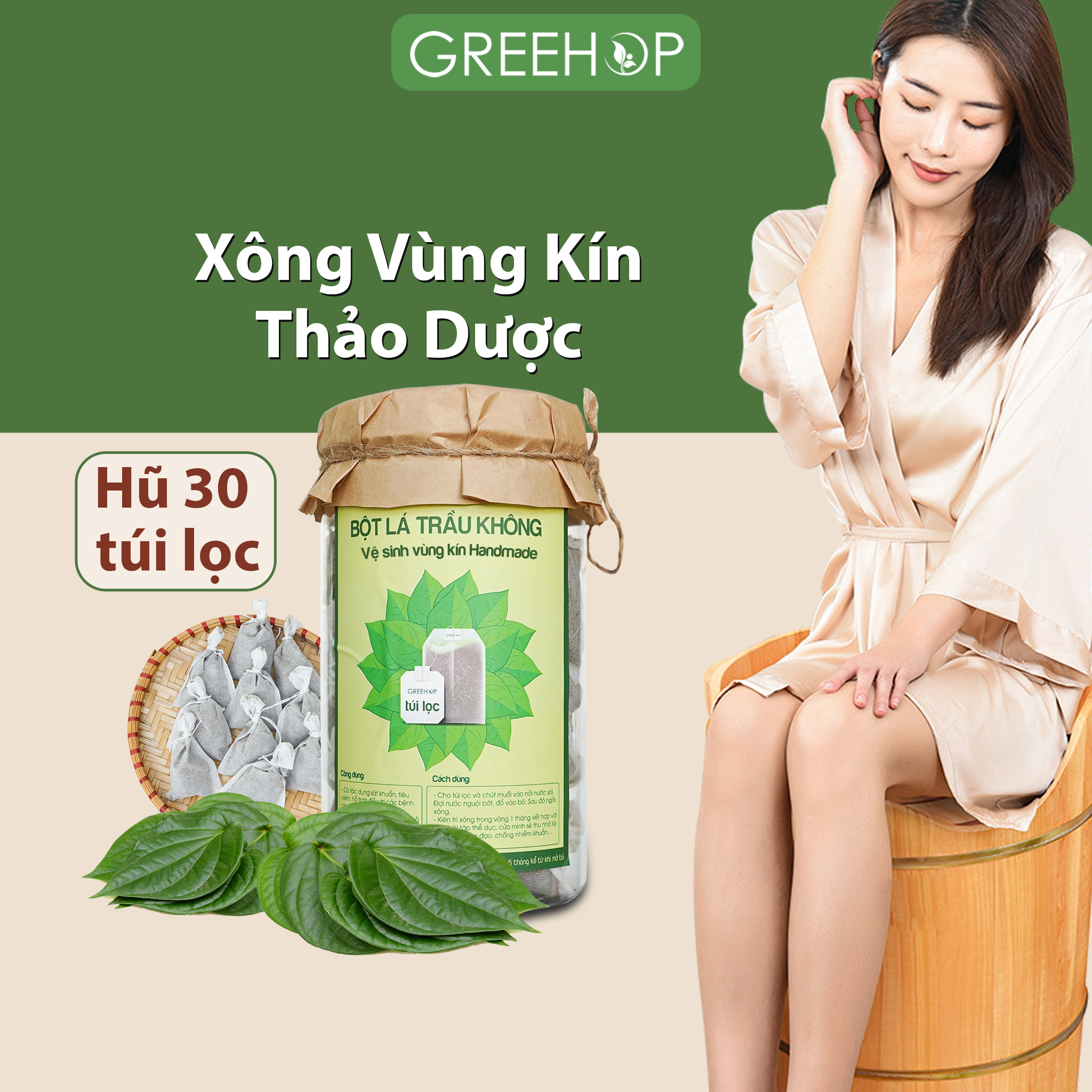 Bột lá trầu không xông vùng kín Greehop giúp se khít, hồng hào, hết mùi hôi (Handmade)