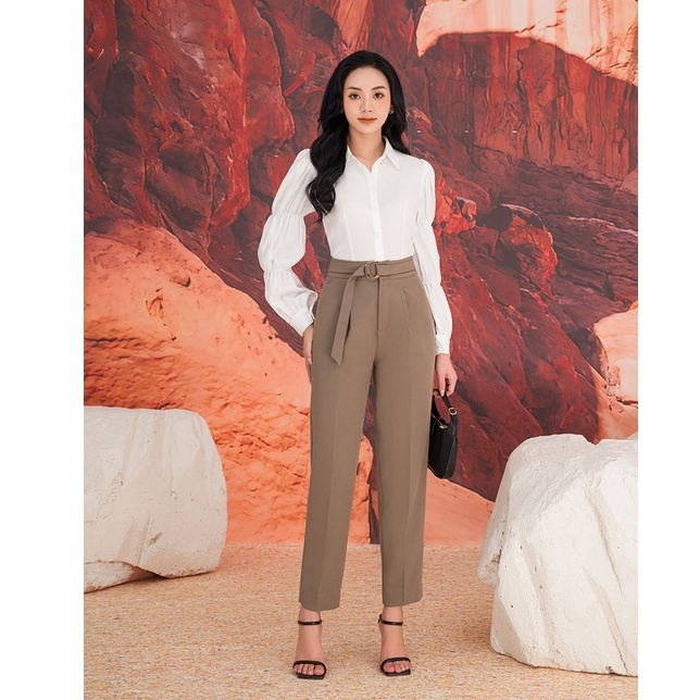 Quần tây nữ twill silk nâu phối đai Orchid - GD7O653