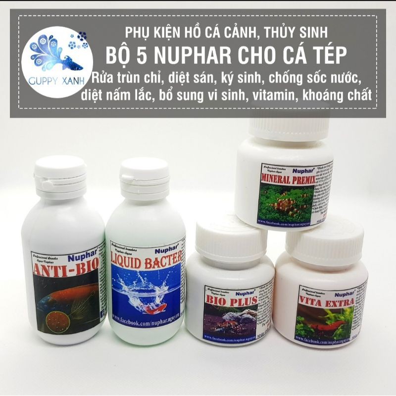 Bộ sản phẩm nuphar - bí quyết giúp cá khỏe - anti bio - liquid bacter - mineral - vita extra - bio plus - guppyxanh