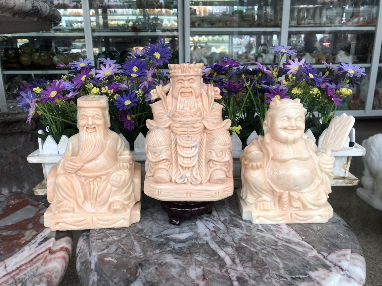 Bộ combo ông Thần Tài Thổ Địa và ông Kim Tiền, Thần Phát phong thủy chiêu nạp tài lộc đá cẩm thạch vàng cà rốt - Cao 15 cm