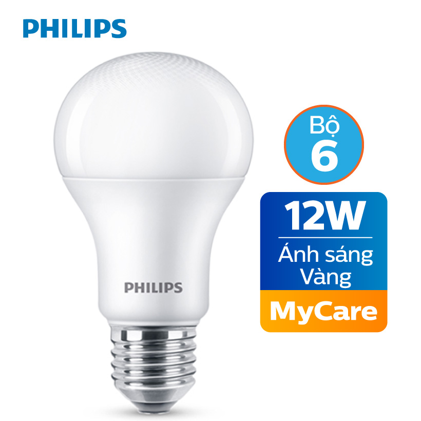 Bộ 6 bóng đèn philips led mycare 12w 3000k e27 a60 - ánh sáng vàng