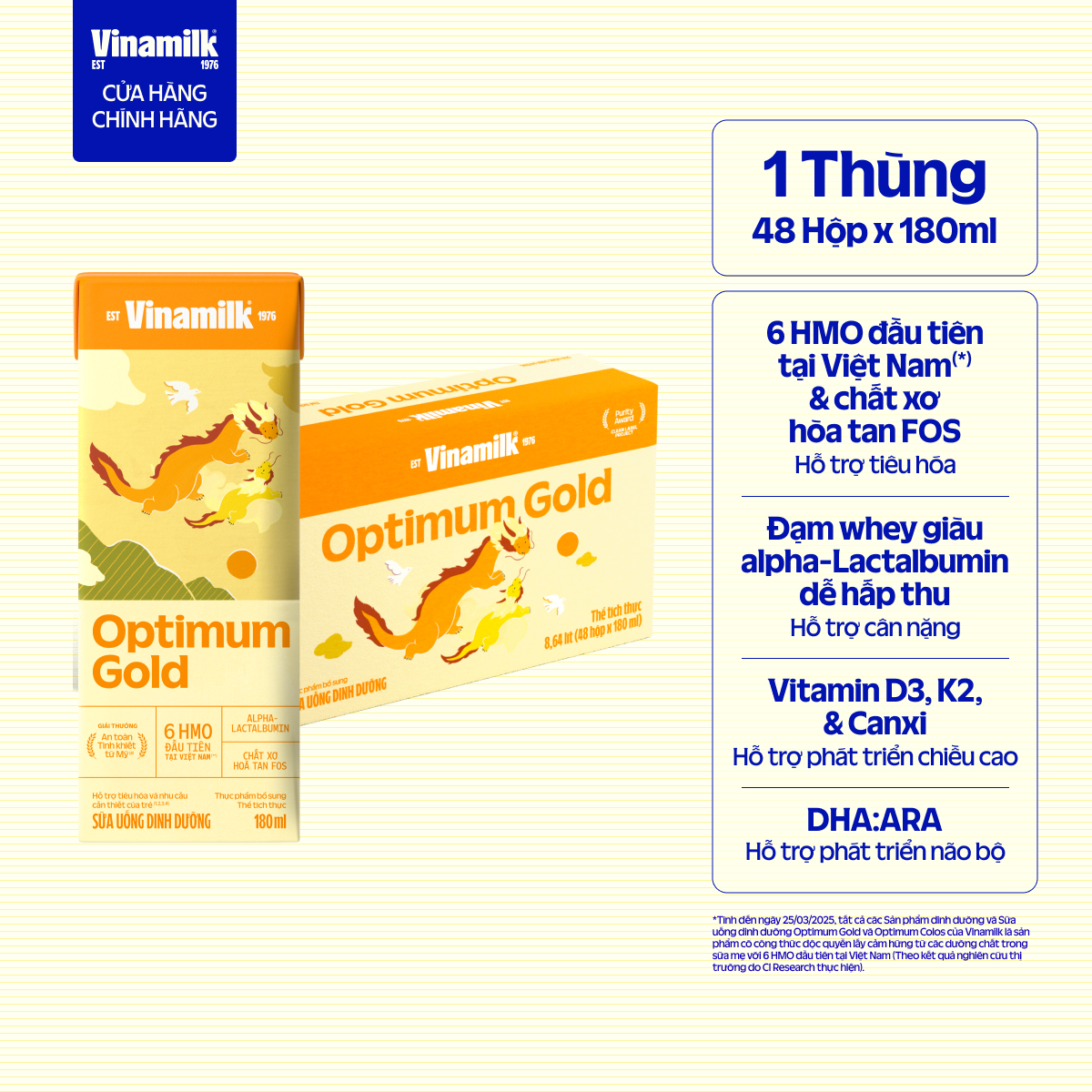 Thùng 48 hộp sữa bột pha sẵn Vinamilk Optimum Gold 180ml - Sữa nước hỗ trợ phát triển toàn diện, chất lượng quốc tế