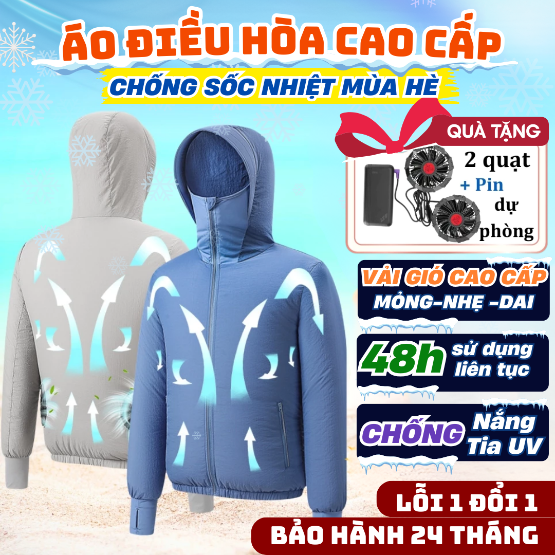 Áo điều hoà Nhật Bản có mũ nhẹ siêu mát 98000mah dùng 48 giờ, Áo chống nắng kèm quạt điều hòa