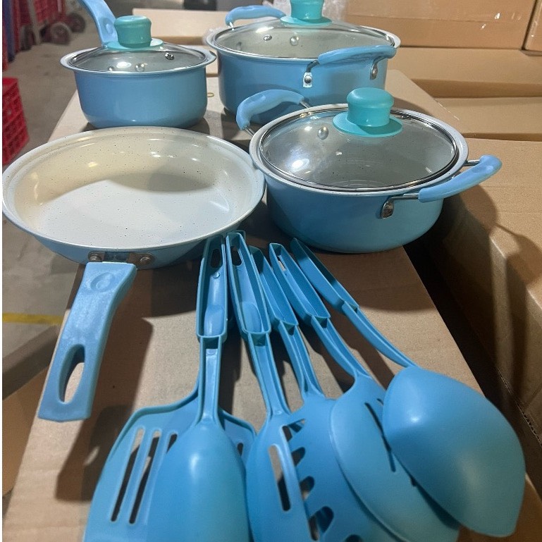 [199k] combo bộ nồi 10 món 3 nồi 1 chảo 6 muỗng to cao cấp inox tráng men chống dính đế 5 lớp thép không rỉ siêu bền