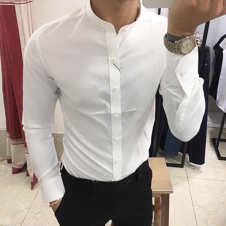 Sơ mi nam cổ Tàu Màu Trắng Cúc Trắng, Áo sơ mi nam cổ Trụ loại đẹp