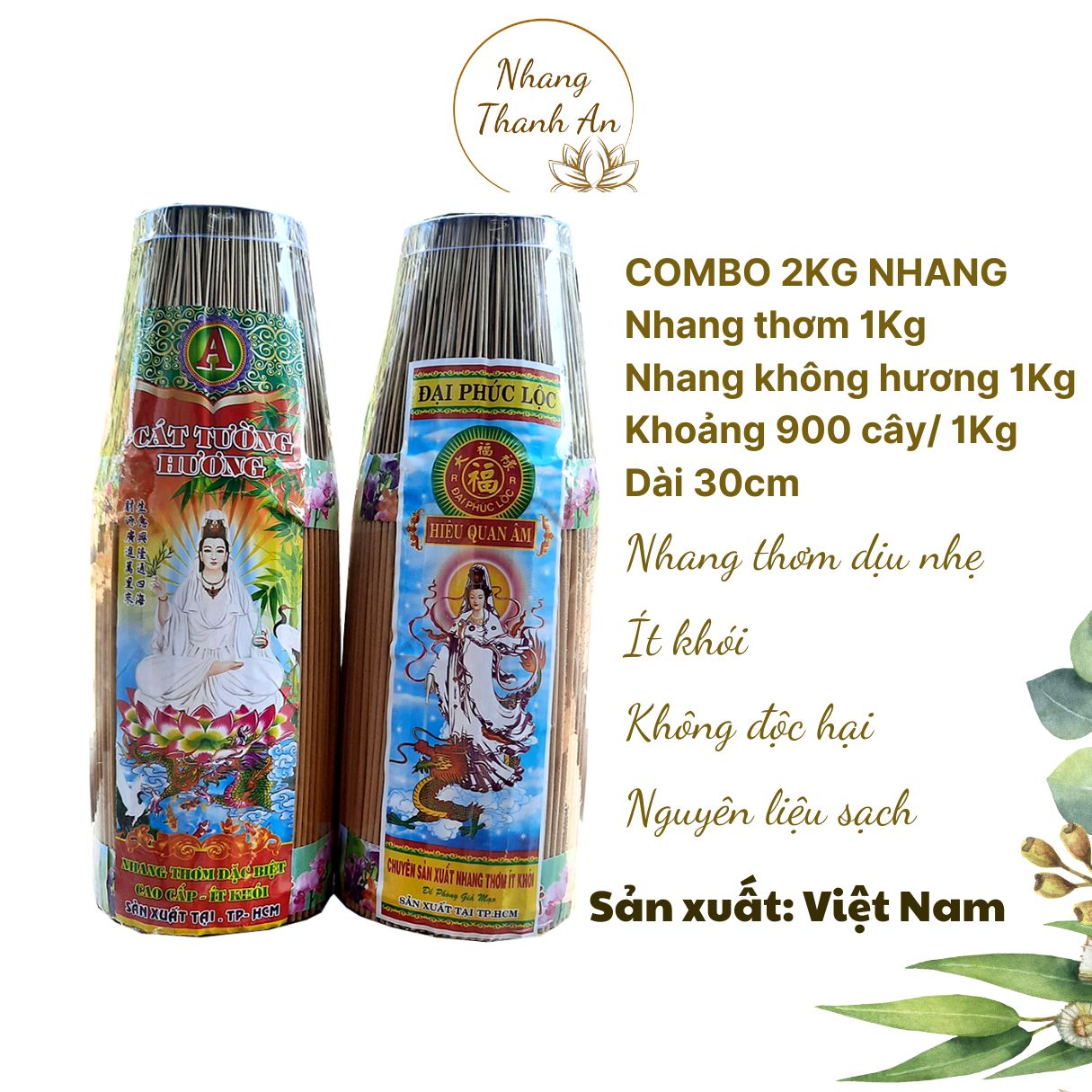 Combo 2kg nhang 3 tấc Nhang thơm Cát Tường và Nhang không hương Đại Phúc Lộc Nhang Thanh An