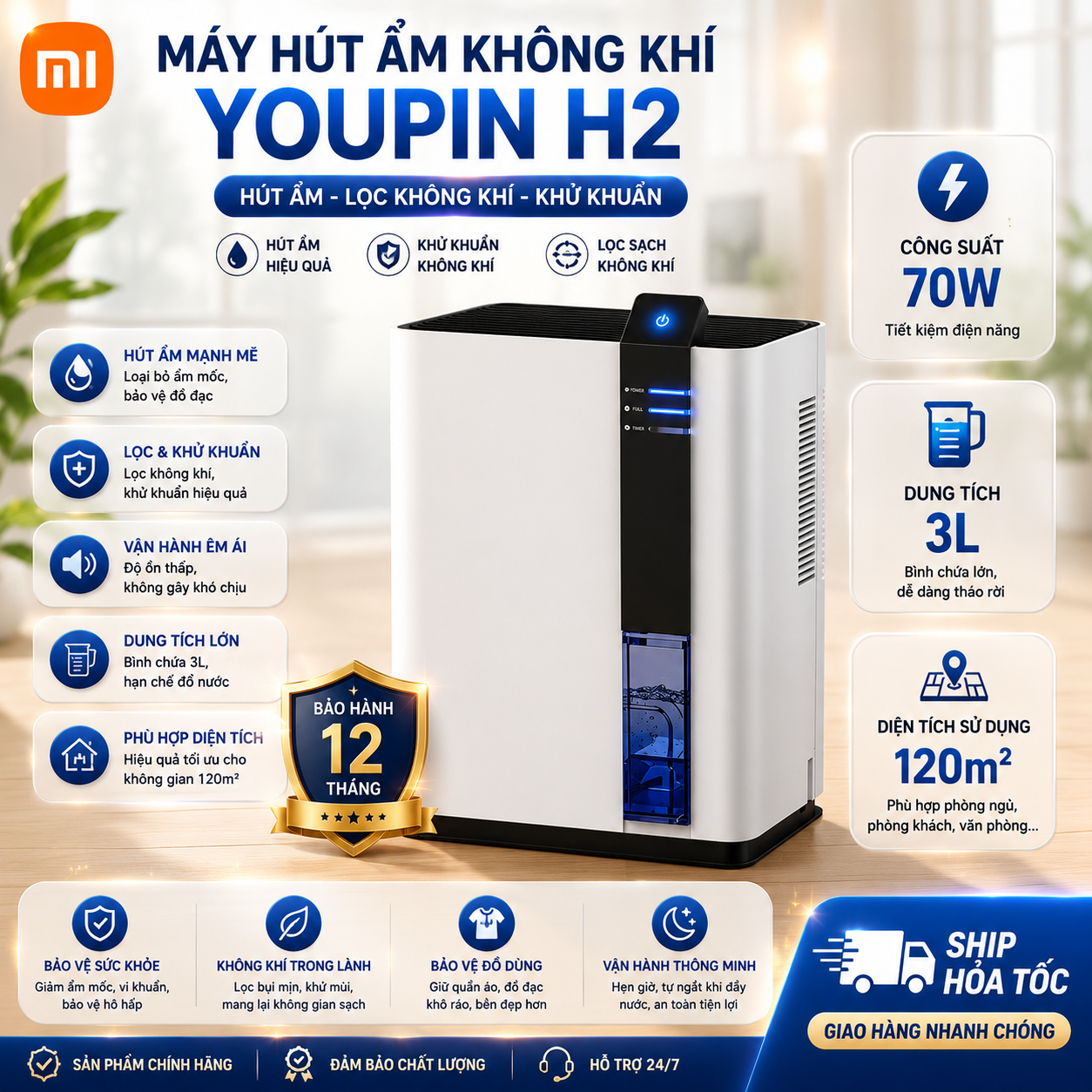 Máy Hút Ẩm Không Khí Xiaomi Dehumidifier H2 Thông Minh, Dung Tích 3L, Công Suất Lớn 70W Giúp Làm Khô Nhanh, Ngắt Tự Động