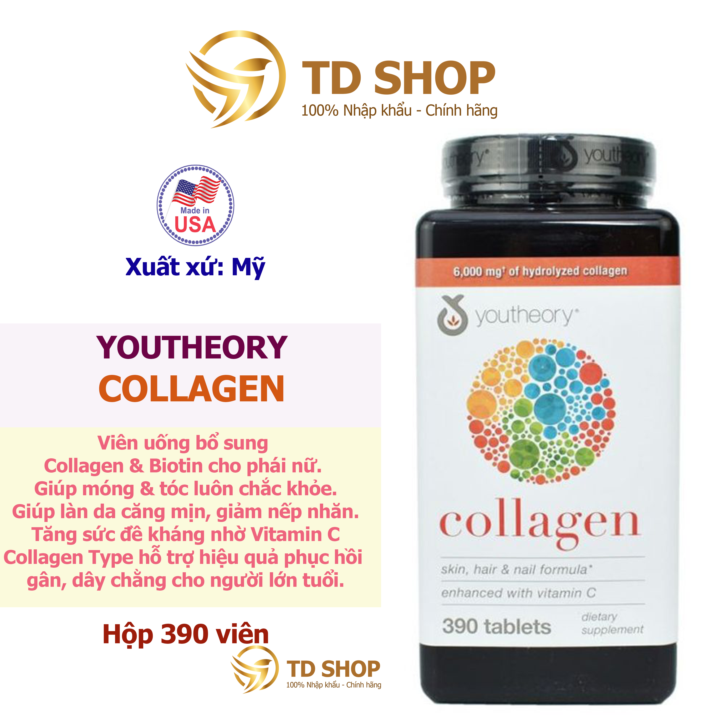 NK Mỹ Viên uống bổ sung collagen youtheory hộp 390 viên - TD Shop