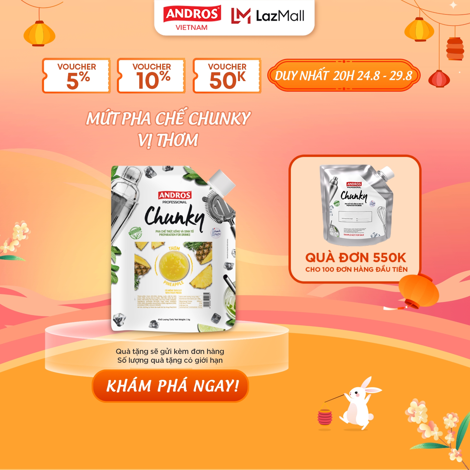 Mứt Trái Cây Pha Chế Thơm - Có miếng trái cây thật - Nguyên liệu pha chế - ANDROS CHUNKY - 1kg