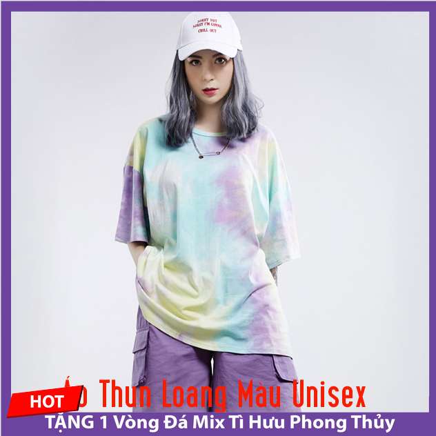 Áo Thun Loang Màu Unisex Nam Nữ Form Rộng Tay Lỡ Cổ Tròn Cotton [tím xanh vàng]