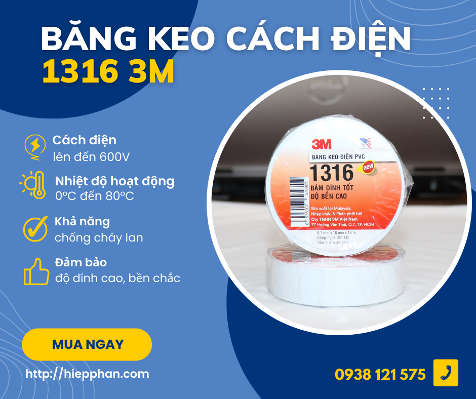 Băng keo cách điện pvc 1316 16mx18mm 3m - trắng