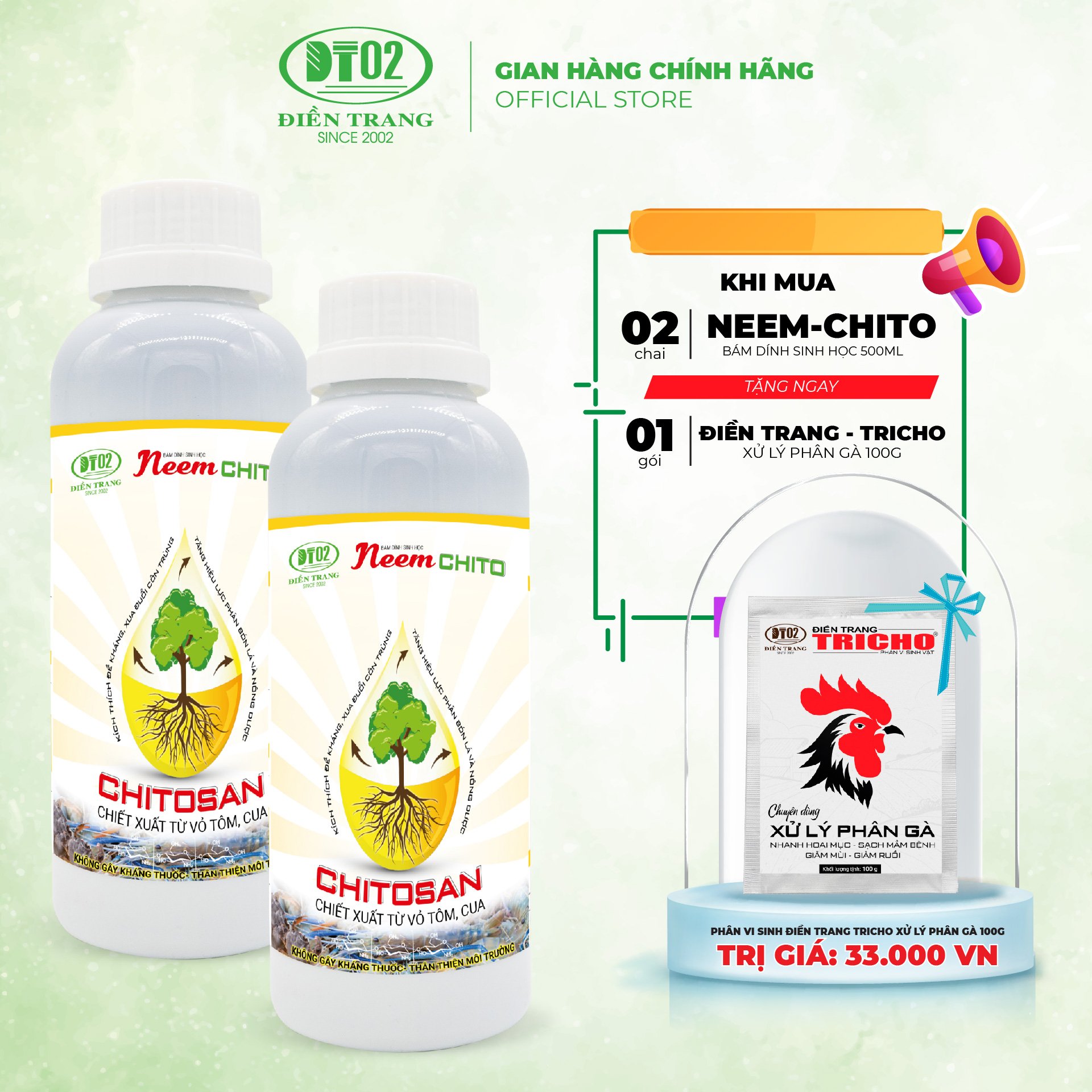 Combo 2 neem chito 500ml tặng men vi sinh xử lý phân gà
