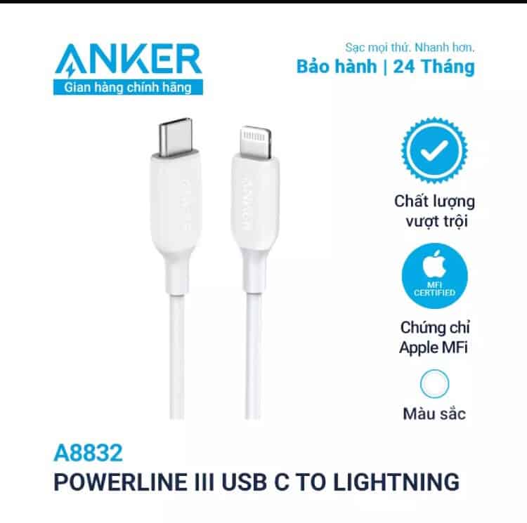 Cáp Type C to Lightning Anker PowerLine III – 0.9M – A8832