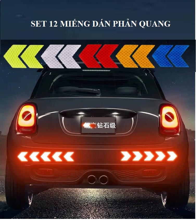 Set 12 Miếng Dán Phản Quang Cho Ô Tô hình mũi tên, Miếng dán cảnh báo an toàn cho xe hơi