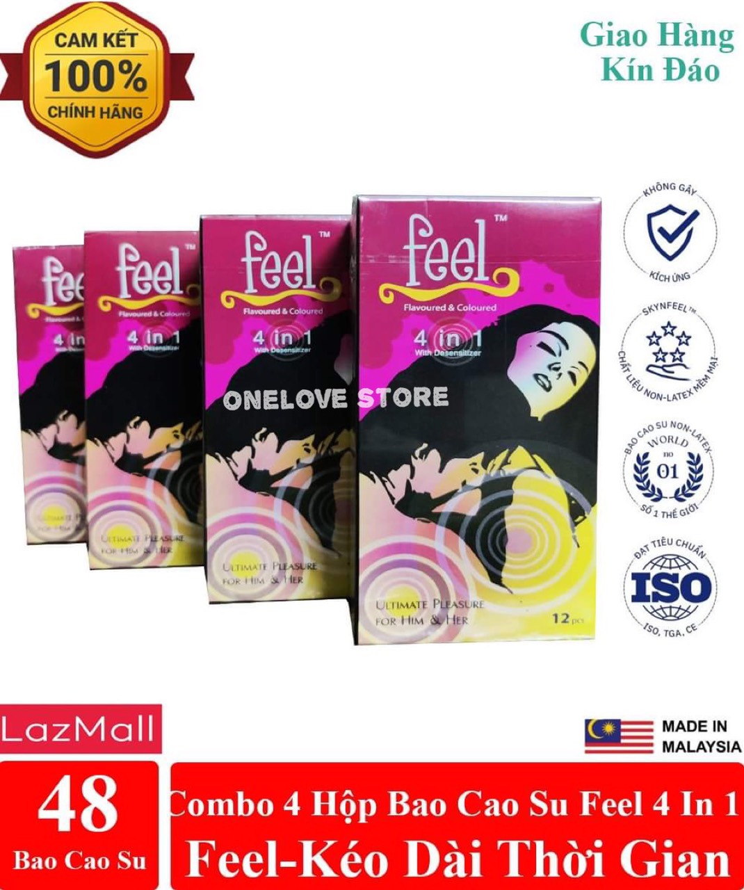 Combo 4 Hộp bao cao su Feel 4 in 1 giúp kéo dài thời gian quan hệ lâu 48 chiếc