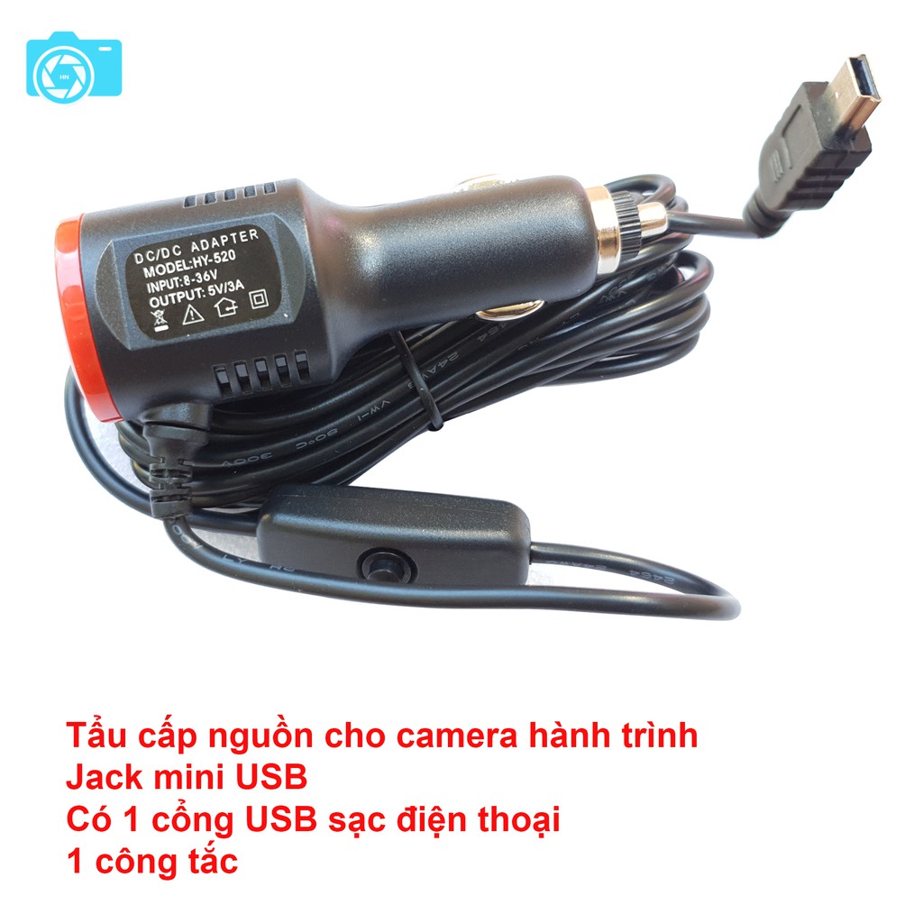 Thiết bị cấp nguồn cho camera hành trình, có công tắc, 1 cổng USB sạc điện thoại, loại chân MINI USB
