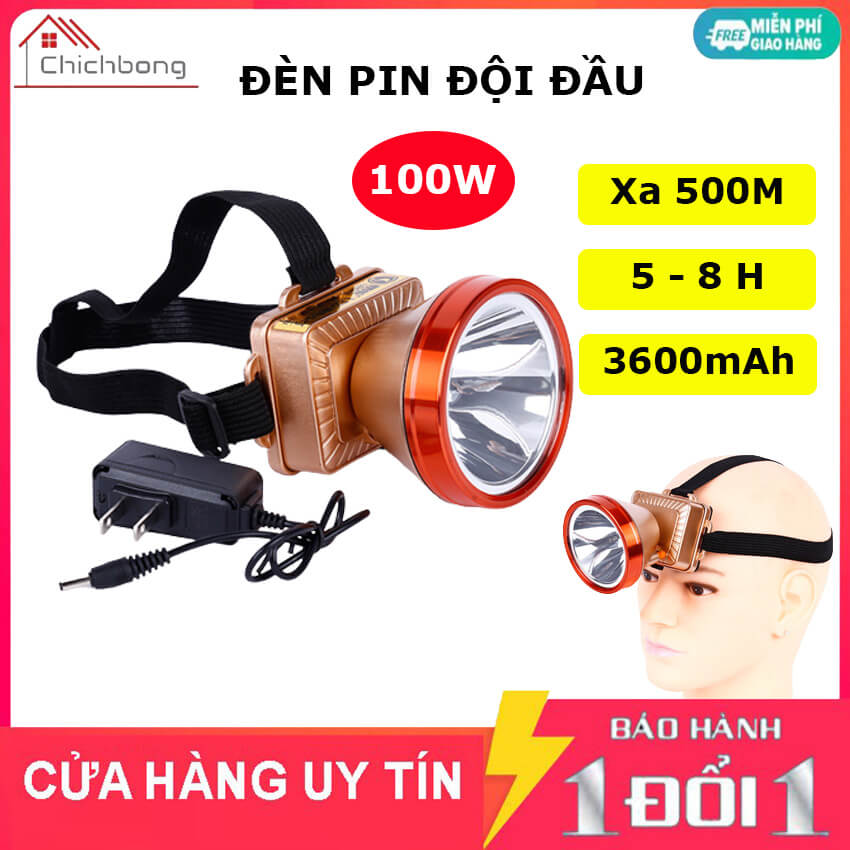 Đèn pin đội đầu 1 bóng siêu sáng chiếu xa 500m, đèn đeo trán 100W pin trâu 3600mAh sử dụng 5-8h, chống thấm nước IPX6, đèn led đội đầu, den deo dau chichbong