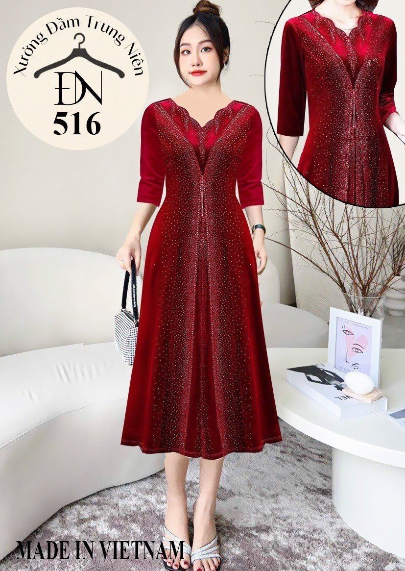 Đầm dạ hội trung niên chất nhung đính đá cao cấp,co giãn tốt, đính đá, cho mẹ dự tiệc sang trọng bigsize 75KG M516