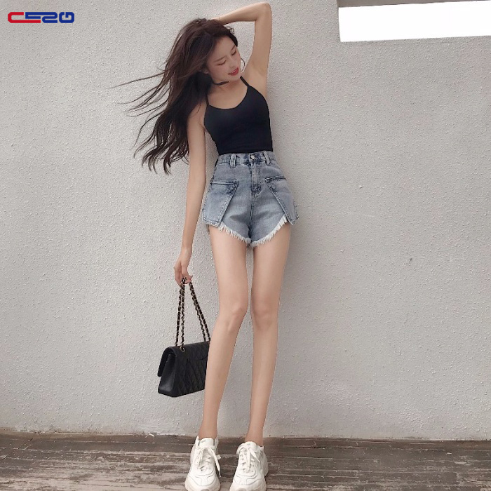 CESQ Quần Ngắn Vải Jeans Lưng Cao Thời Trang Hàn Quốc Cho Nữ
