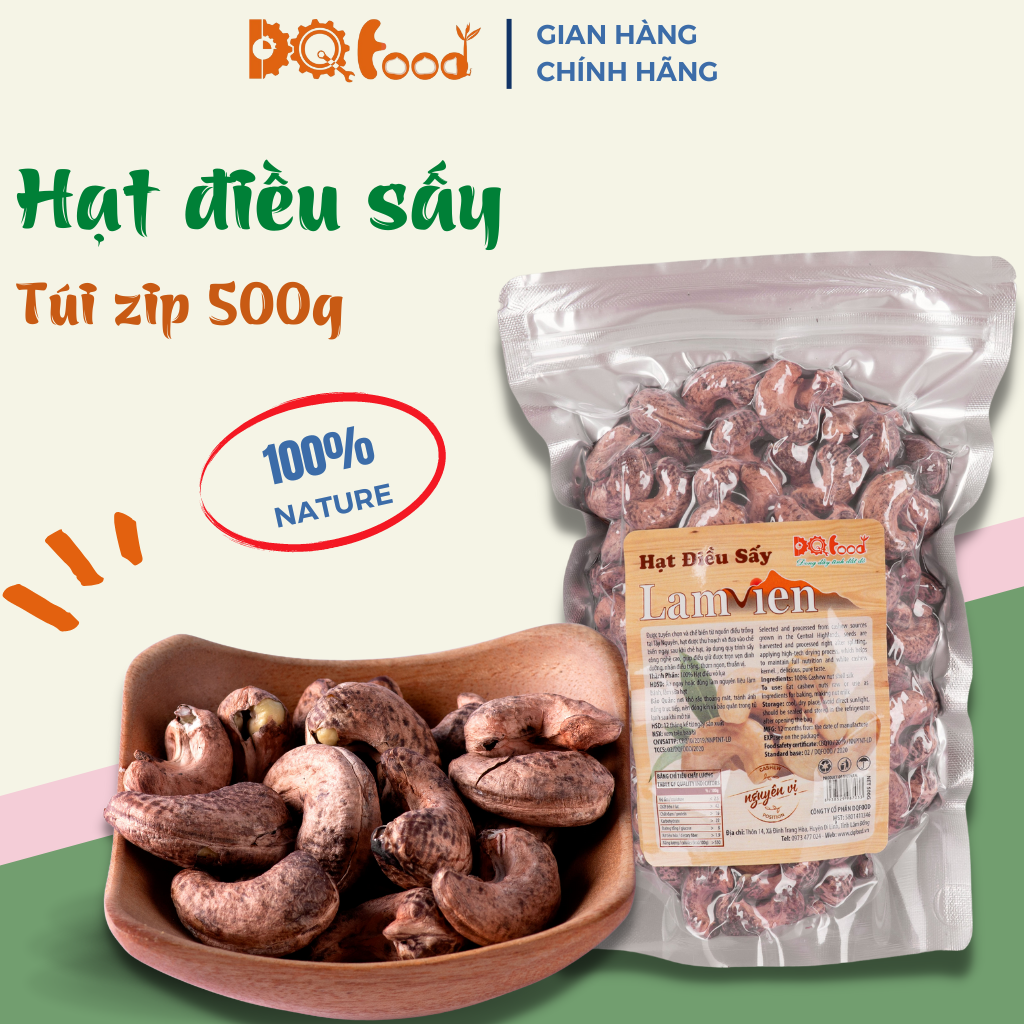 Hạt Điều Sấy Nguyên Vị Lâm Viên, Hạt Điều Lâm Đồng size hạt nguyên vỏ theo tiêu chuẩn w180 giàu dinh dưỡng -Túi 500g