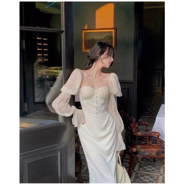 Đầm tiểu thư tay phồng cúp ngực dự tiệc sang trọng