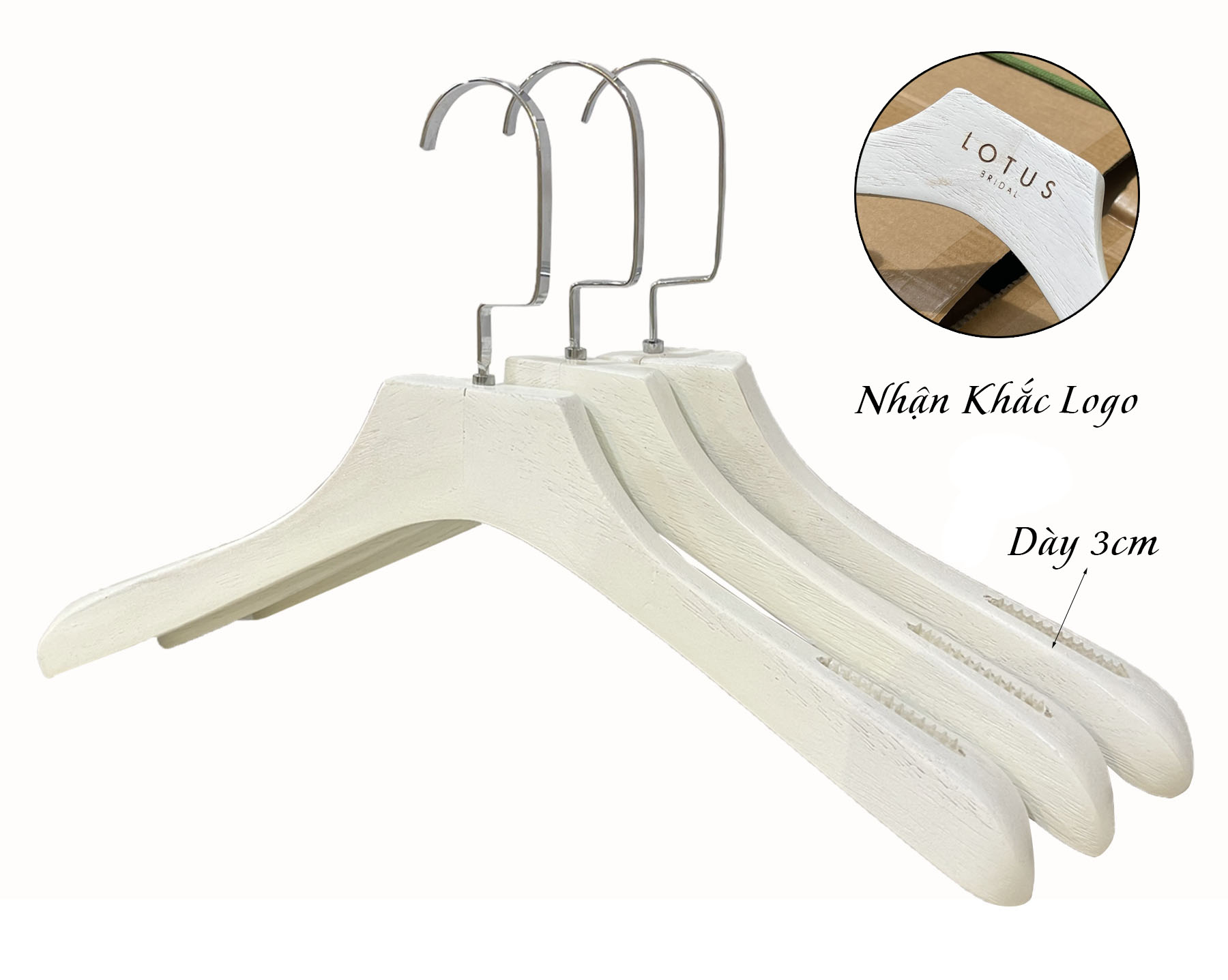 Móc treo quần áo gỗ vest trắng vai đệm chống trượt 38cm