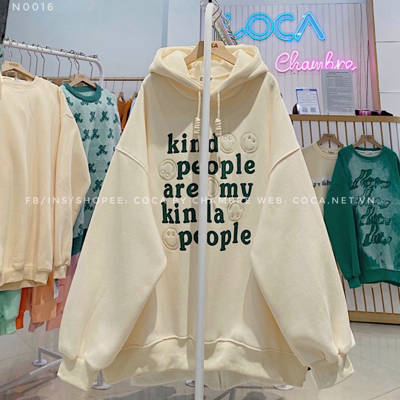 Áo hoodie nỉ bông dày thêu mặt cười in kind people form rộng