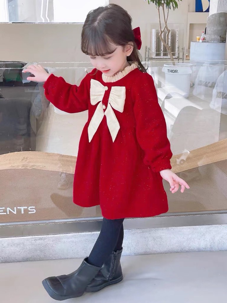 Váy nhung tăm cho bé gái NƠ NGỌC, Set váy thu đông cho bé gái diện tết diện Noel dễ thương từ 7 - 20kg Bongkids
