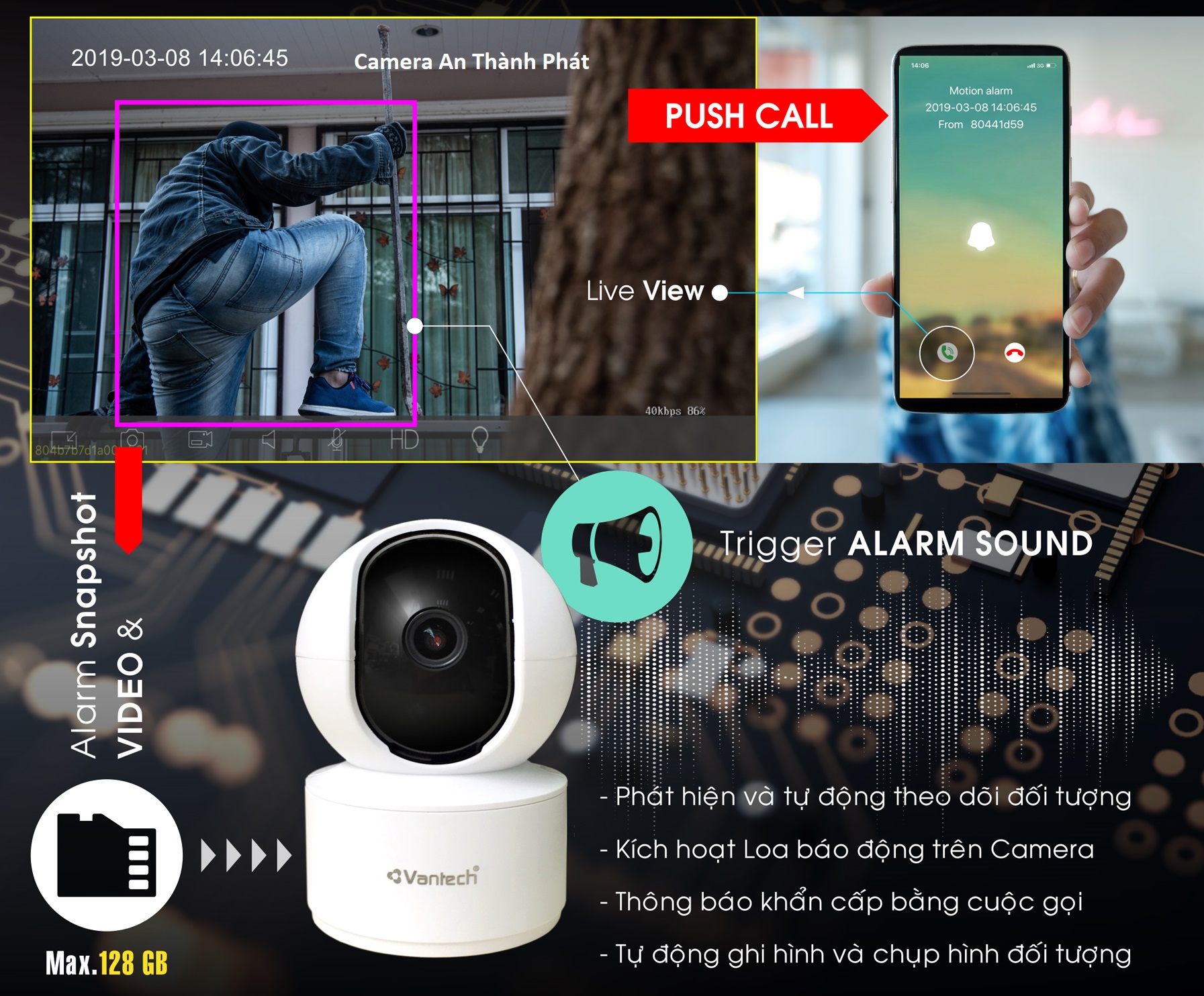 Camera Wifi Vantech AI-V2010B full HD2.0 Megapixel, tích hợp còi báo động, đàm thoại 2 chiều, phát hiện chuyển động