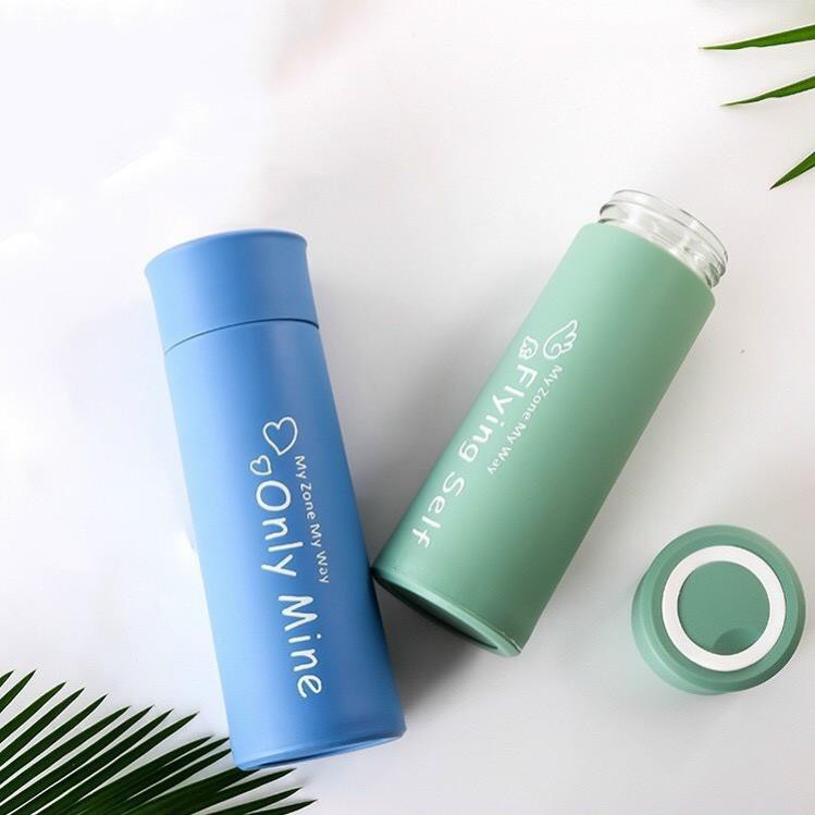 Bình Nước Thuỷ Tinh Giữ Nhiệt 400ml - Bọc Nhựa Cách Nhiệt - Có Dây Treo - Bình Đựng Nước, Bình Detox