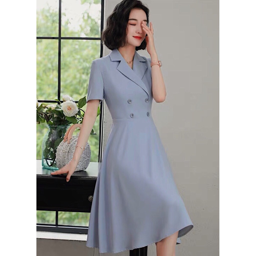 Dx281 - đầm xòe xám cổ vest đắp chéo công sở