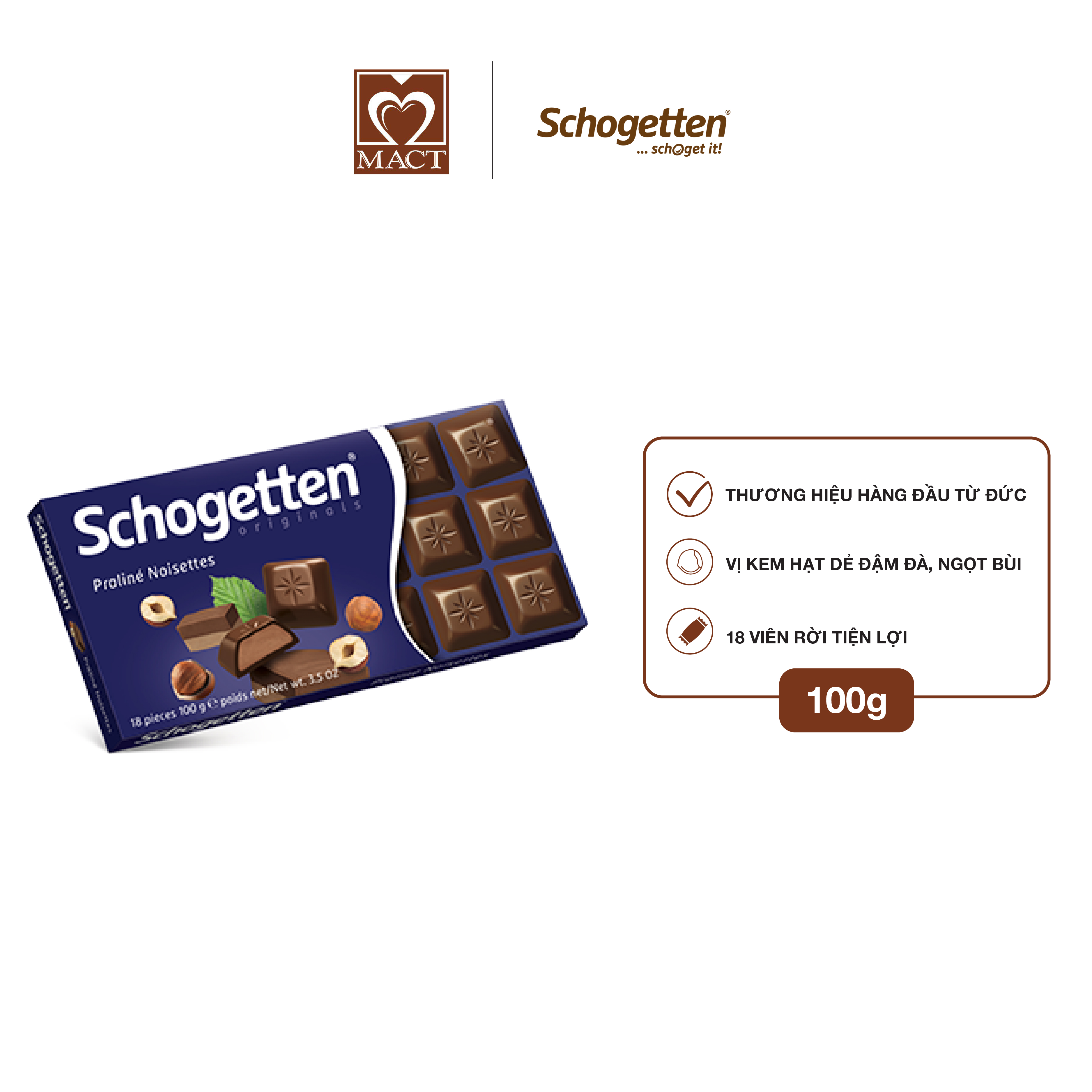 Sôcôla SCHOGETTEN - Vị Kem hạt phỉ Praline Noisettes - thanh 100g gồm 18 viên rời