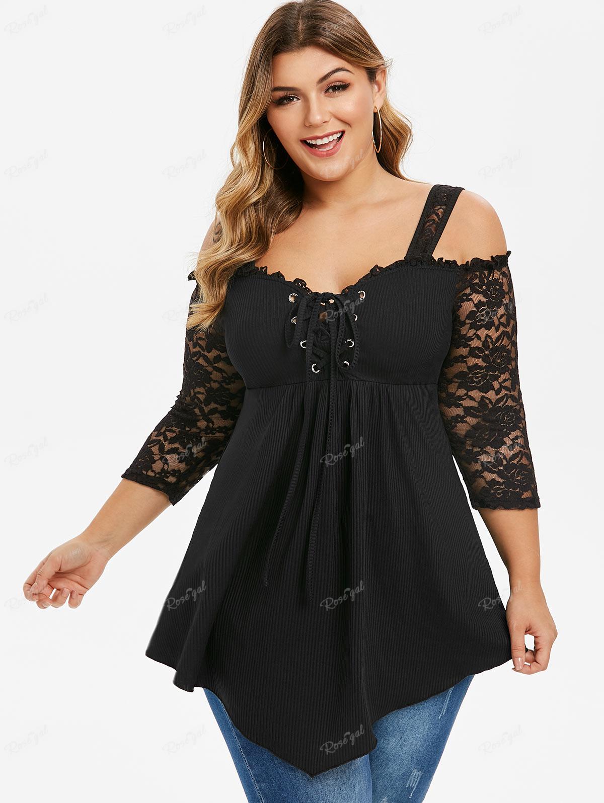 Rosegal Cộng Với Kích Thước Gân Hoa Ren Lạnh Vai T-Shirt Cho Phụ Nữ Ren-up Giản Dị Ba Quý Tay Áo Tops Đen Tees