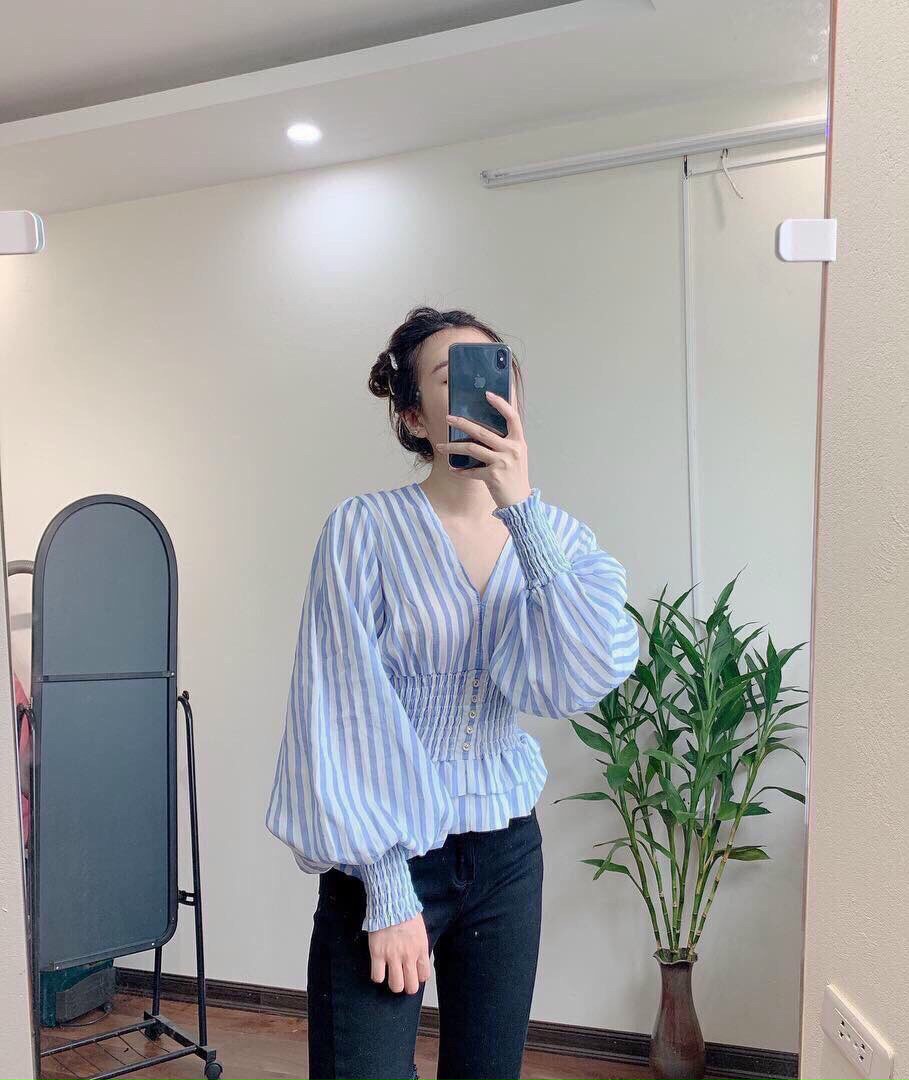 ÁO SƠ MI KIỂU NỮ TAY DÀI FORM CHUẨN TAY PHỒNG PHỐI THUN BẢN TO BO TAY BO EO CỰC SANG CHẢNH CỰC XỊN SGR