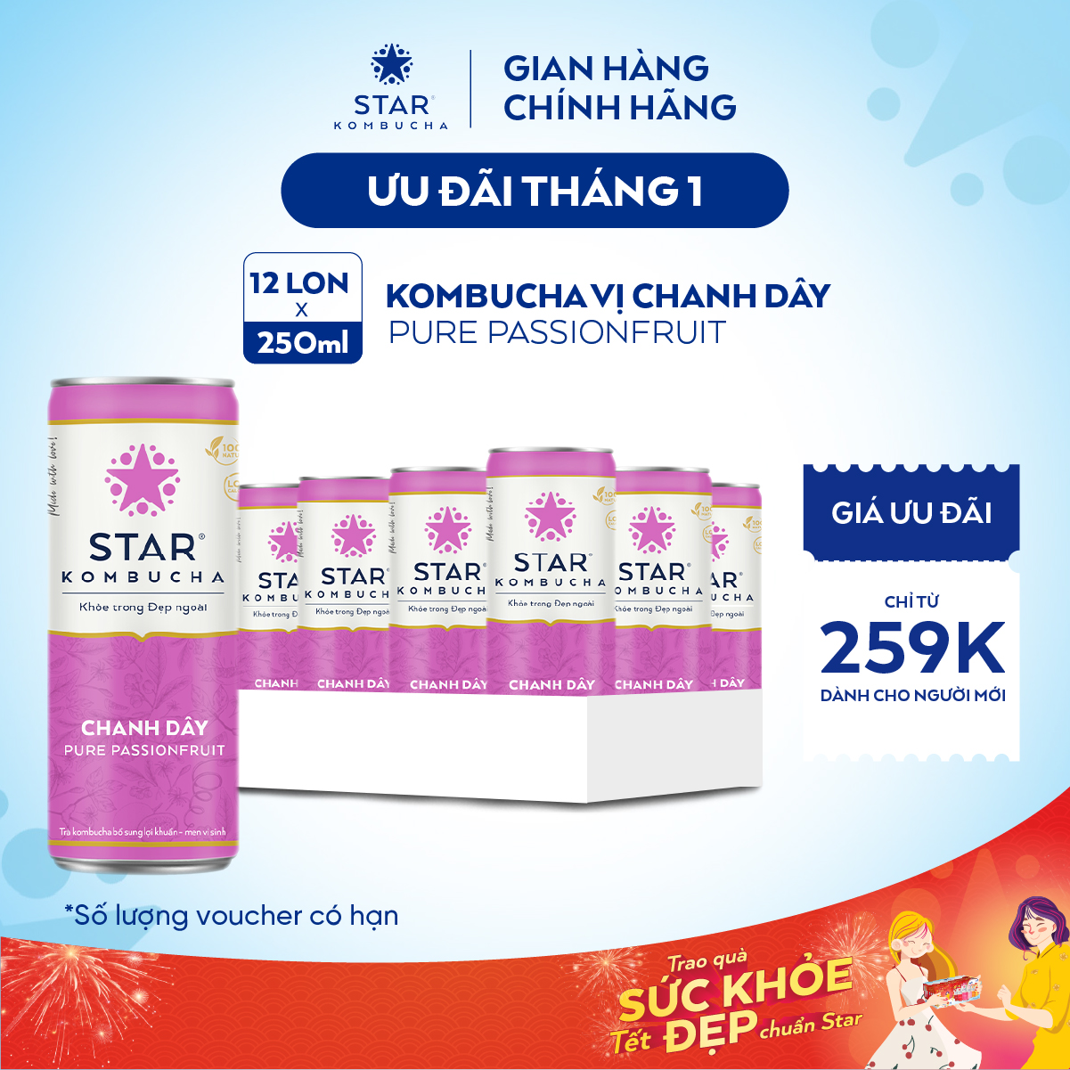  Thùng 12 lon trà trái cây lên men STAR KOMBUCHA Chanh Dây   Pure Passionfruit  250ml lon  - Trà kombucha hữu cơ chứa probiotics Chứng Nhận FDA tiêu chuẩn Mỹ 