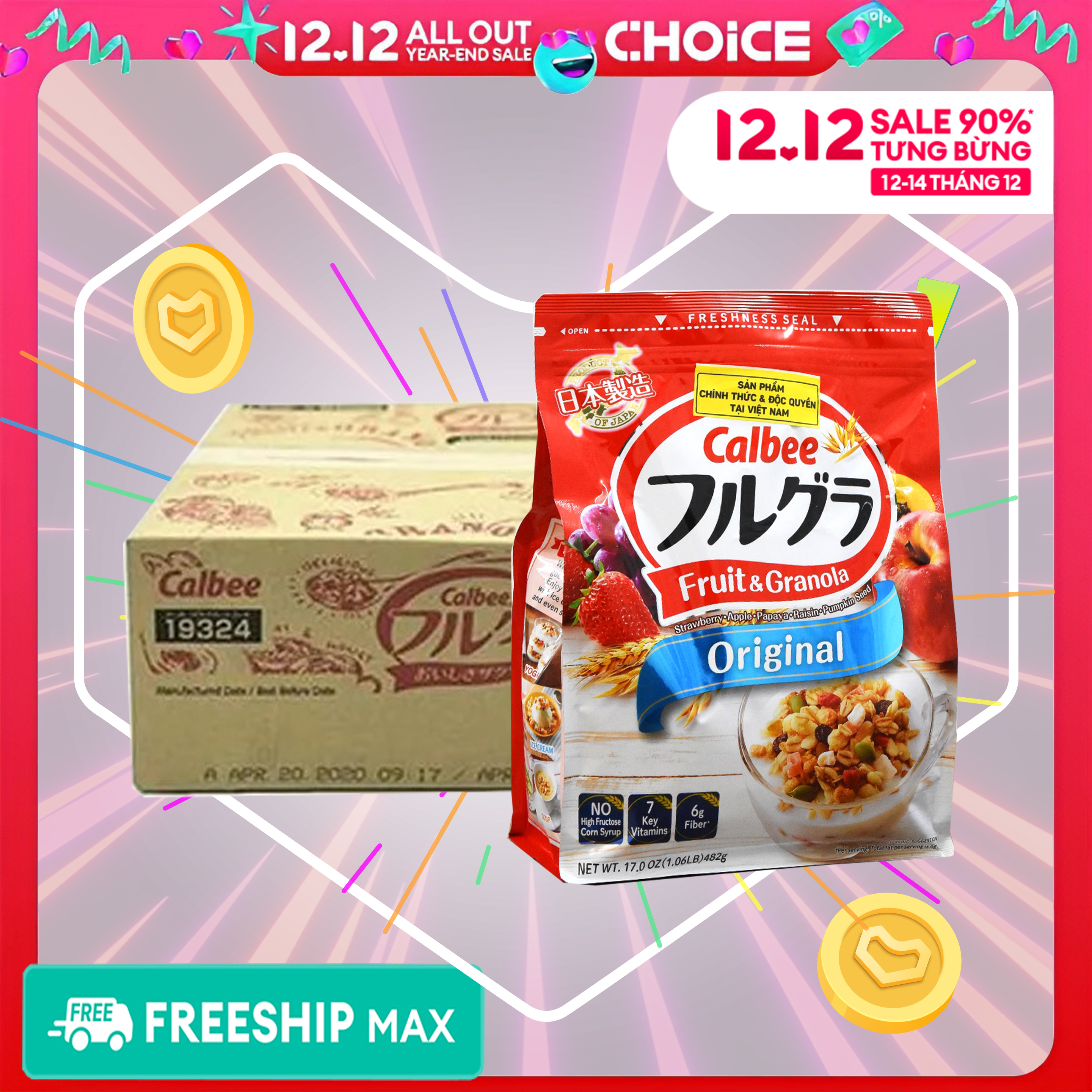 Thùng 6 gói Ngũ cốc Calbee trái cây dinh dưỡng Frugra Nhật Bản 482g