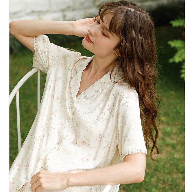 Bộ pyjama hoa tay cộc vải lụa đồ ngủ mặc nhà after bath pj046