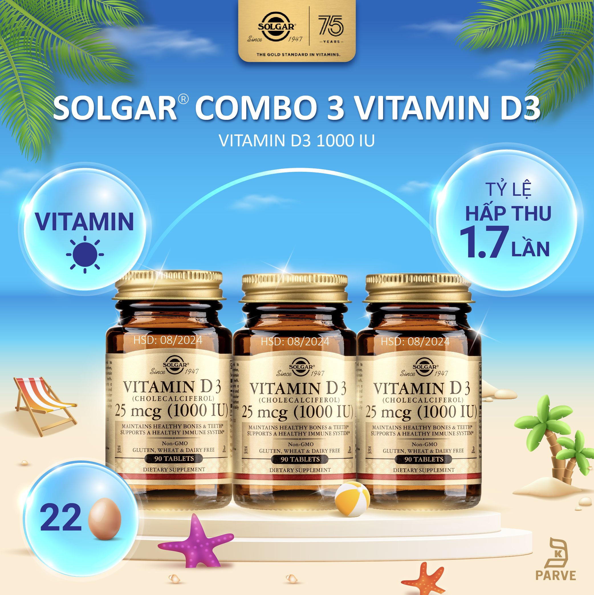 Combo 3 lọ solgar vitamin d3 1000 iu - ngừa loãng xương, hỗ trợ sức khỏe xương khớp