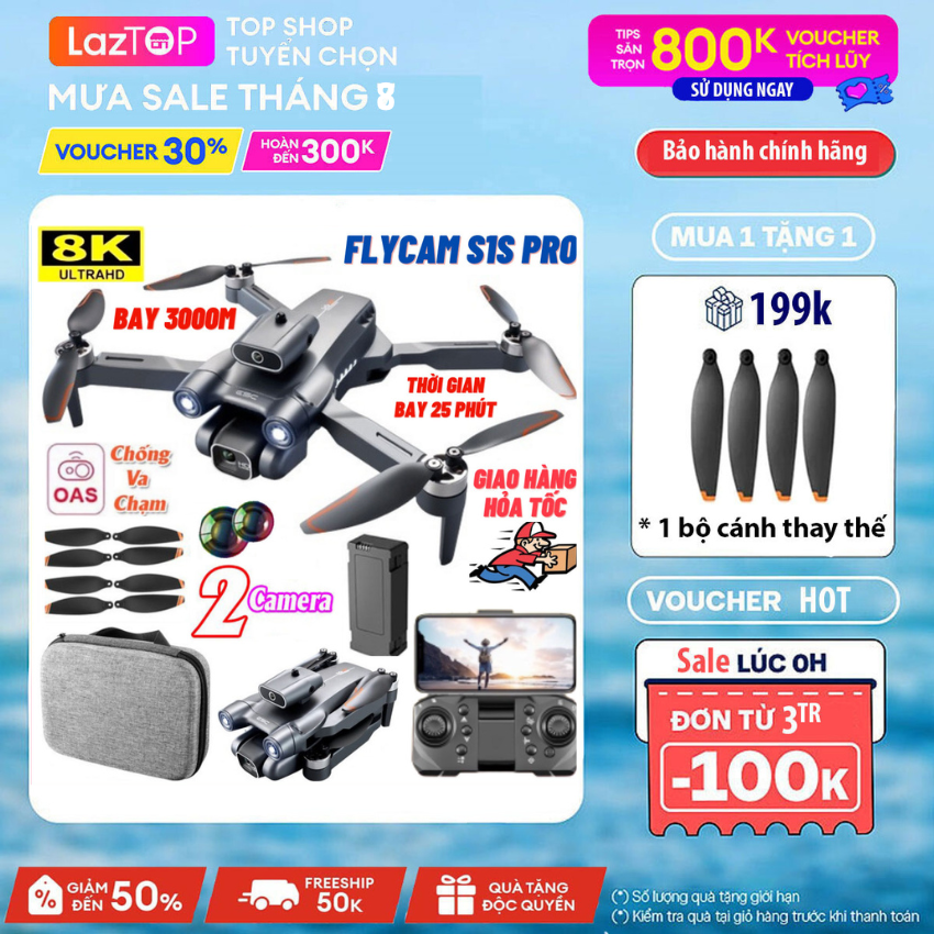 Flycam Drone S1S Pro Max Cảm Biến Tránh Va Chạm - Drone Mini 8K - Máy Bay Điều Từ Xa Khiển 4 Cánh Có Gimbal Chống Rung, Định Vị G.P.S Tự Quay Trở Về, Bay 25 Phút, Tầm Xa 2000m