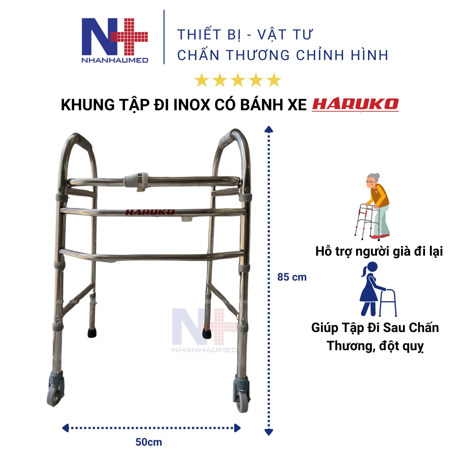 Khung tập đi cho người già inox haruko có bánh xe, gấp gọn giúp người khuyết tật tập đi