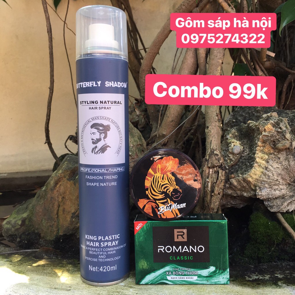 Combo sale 99k gôm xịt tóc butterfly snadow úc 420ml + sáp vuốt t blumaan ngựa + bánh xà phòng romano 90g