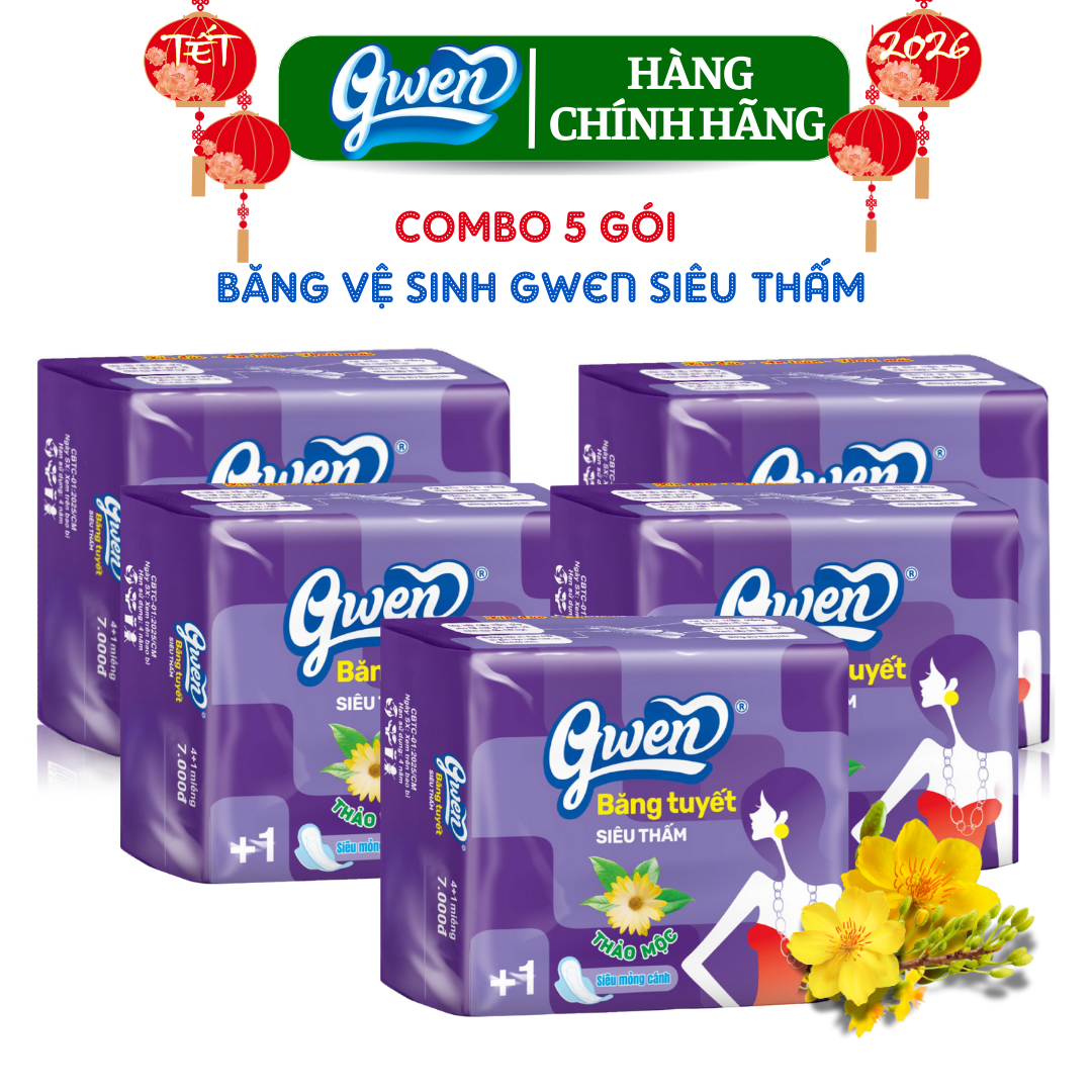  {Hàng chính hãng} Băng vệ sinh GWEN siêu mỏng mẫu bao bì tím gói 5 miếng BVS  phụ nữ có cánh MẶT LƯỚI KHÔNG MÁT. 