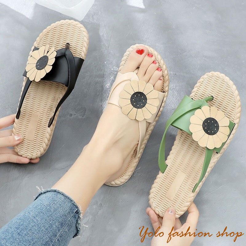 CS5 Kèm hình thật Dép thời trang nữ xỏ ngón hoa cúc siêu xinh đế giả cói vintage siêu mềm êm chân