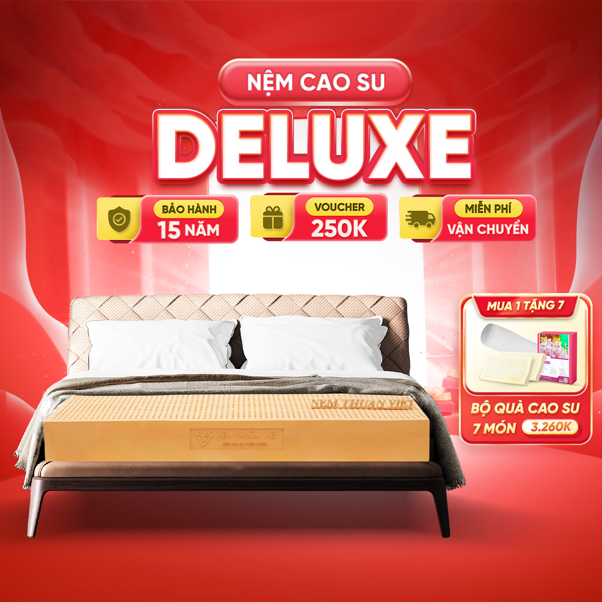 [Sale Cuối Tháng - Voucher 250K, Quà tặng 7 món] Nệm Cao Su Thiên Nhiên Deluxe Thuần Việt - Nâng Đỡ 7 Vùng, Thoáng Khí - Bảo Hành 15 Năm