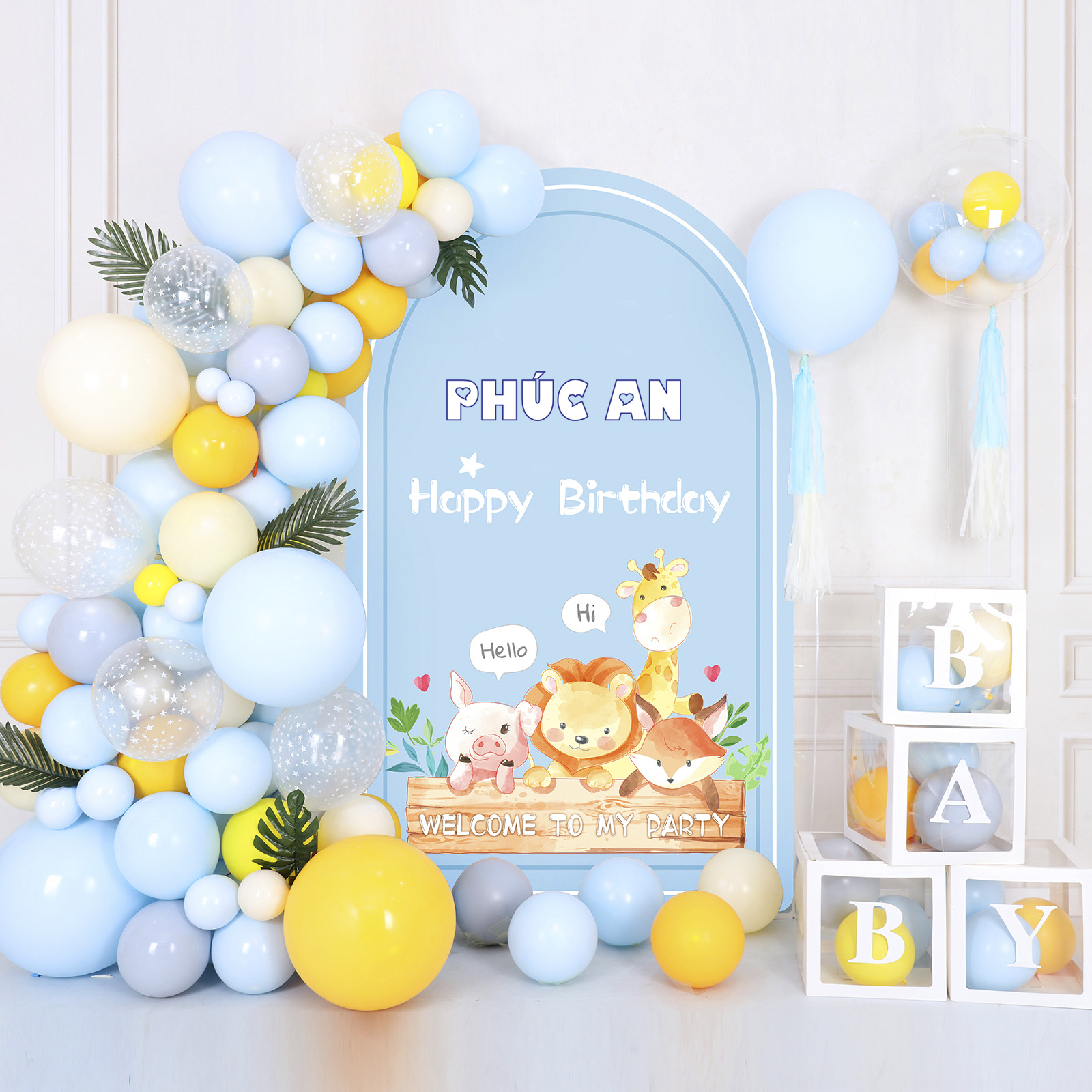 (KÈM BẠT, IN TÊN, ĐỦ PHỤ KIỆN) Set bóng kèm phông bạt tone xanh dễ thương cho bé