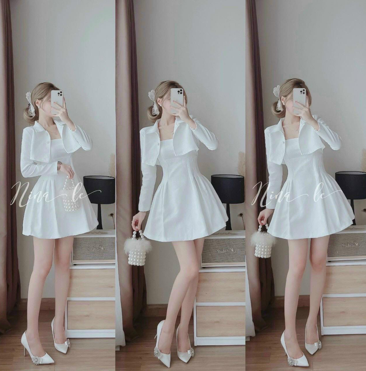 Đầm Váy Nữ Dáng Xòe Xếp Ly Tông Màu Trắng Kèm Áo Khoác Ngoài Tay Dài ( Có Mút Ngực ) Thời Trang Kiểu Cách Đi Chơi, Đi Dự Tiệc Hoặc Công Sở D.ONE FASHION, Mẫu Free Size (40-55Kg) Mặc Vừa