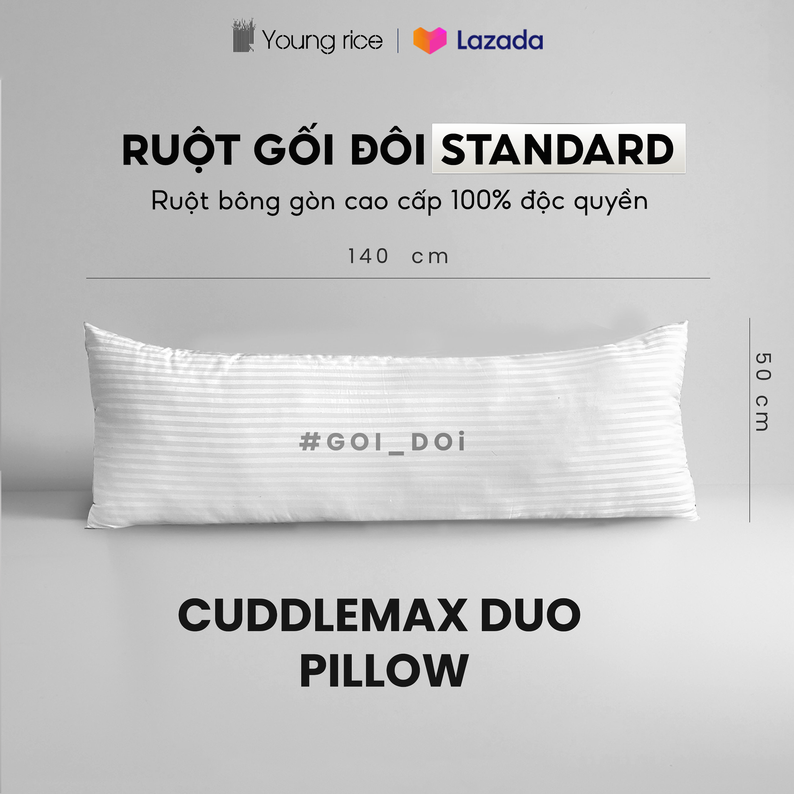 Ruột gối đôi dài bông gòn cao cấp YOUNGRICE gối nằm 2 người ôm ngủ bông hơi chống đau cổ vai gáy chuẩn khách sạn 5 sao kích thước 50x140cm